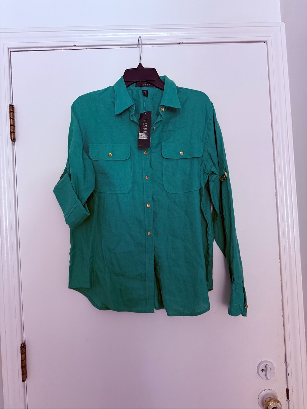Ralph Lauren Teal Button-Up Linen Shirt with Gold Buttons - Picture 2 of 4